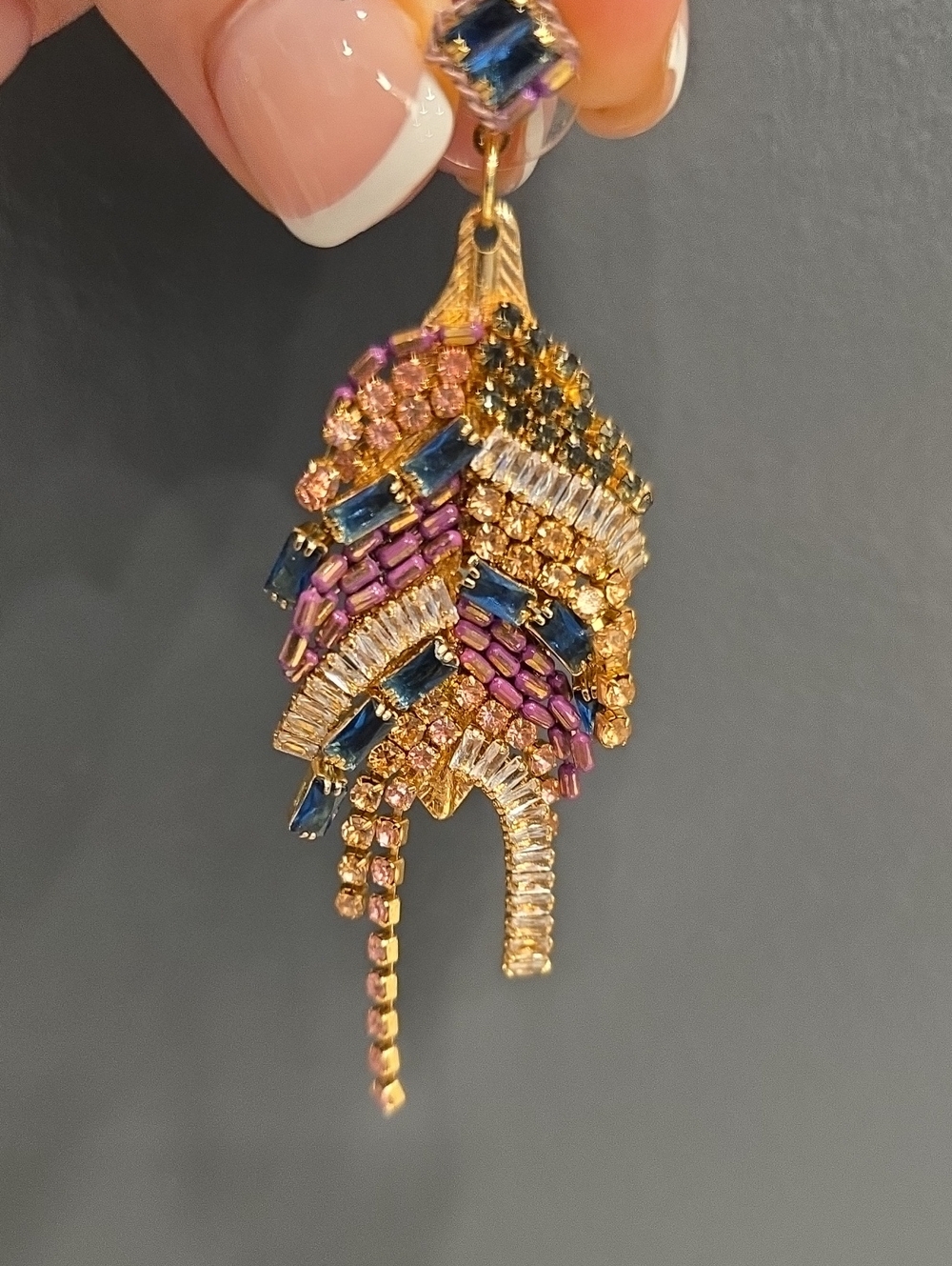 Multicolor Crystal Fringe Drop Earrings Gold Tone Pierced Rose Pink Rhinestone